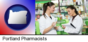 two pharmacists in a drug store in Portland, OR
