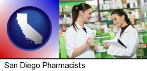 two pharmacists in a drug store in San Diego, CA