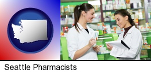 two pharmacists in a drug store in Seattle, WA