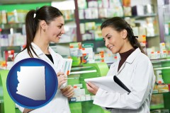 arizona map icon and two pharmacists in a drug store