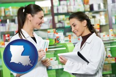 louisiana map icon and two pharmacists in a drug store
