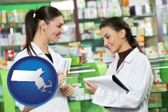 massachusetts map icon and two pharmacists in a drug store