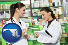 maryland map icon and two pharmacists in a drug store
