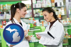 michigan map icon and two pharmacists in a drug store