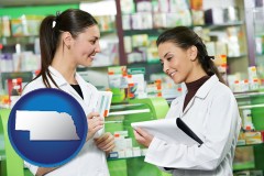 ne map icon and two pharmacists in a drug store