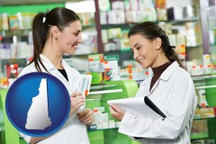 new-hampshire map icon and two pharmacists in a drug store