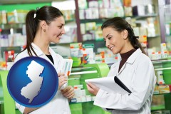 new-jersey map icon and two pharmacists in a drug store