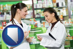 nv map icon and two pharmacists in a drug store