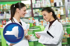 new-york map icon and two pharmacists in a drug store