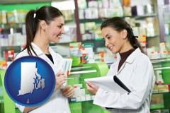 rhode-island map icon and two pharmacists in a drug store