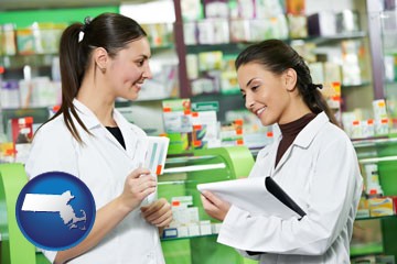 two pharmacists in a drug store - with Massachusetts icon