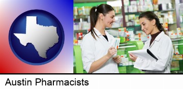 two pharmacists in a drug store in Austin, TX