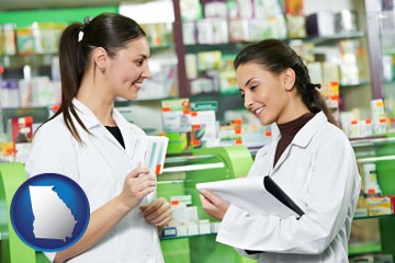 two pharmacists in a drug store - with Georgia icon